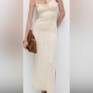 Mango - CREAM KNITTED BODY CON MAXI DRESS WITH LACE DETAILS SIZE 6